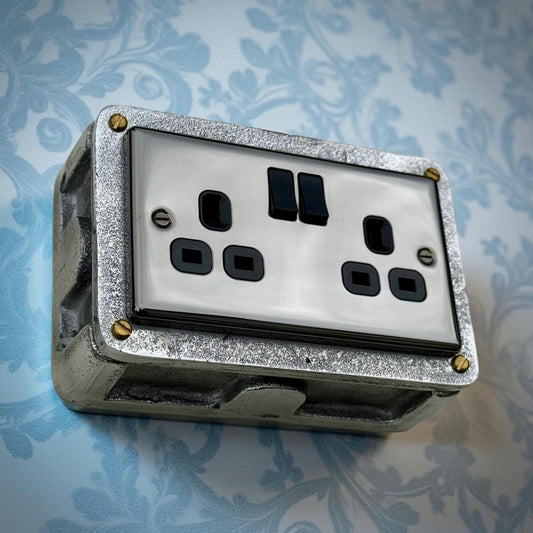 Black Nickel Double Switched 13A Power Socket 230V 13A 2 Gang 2G Solid Cast Metal Conduit Switch Industrial - BS EN Approved
