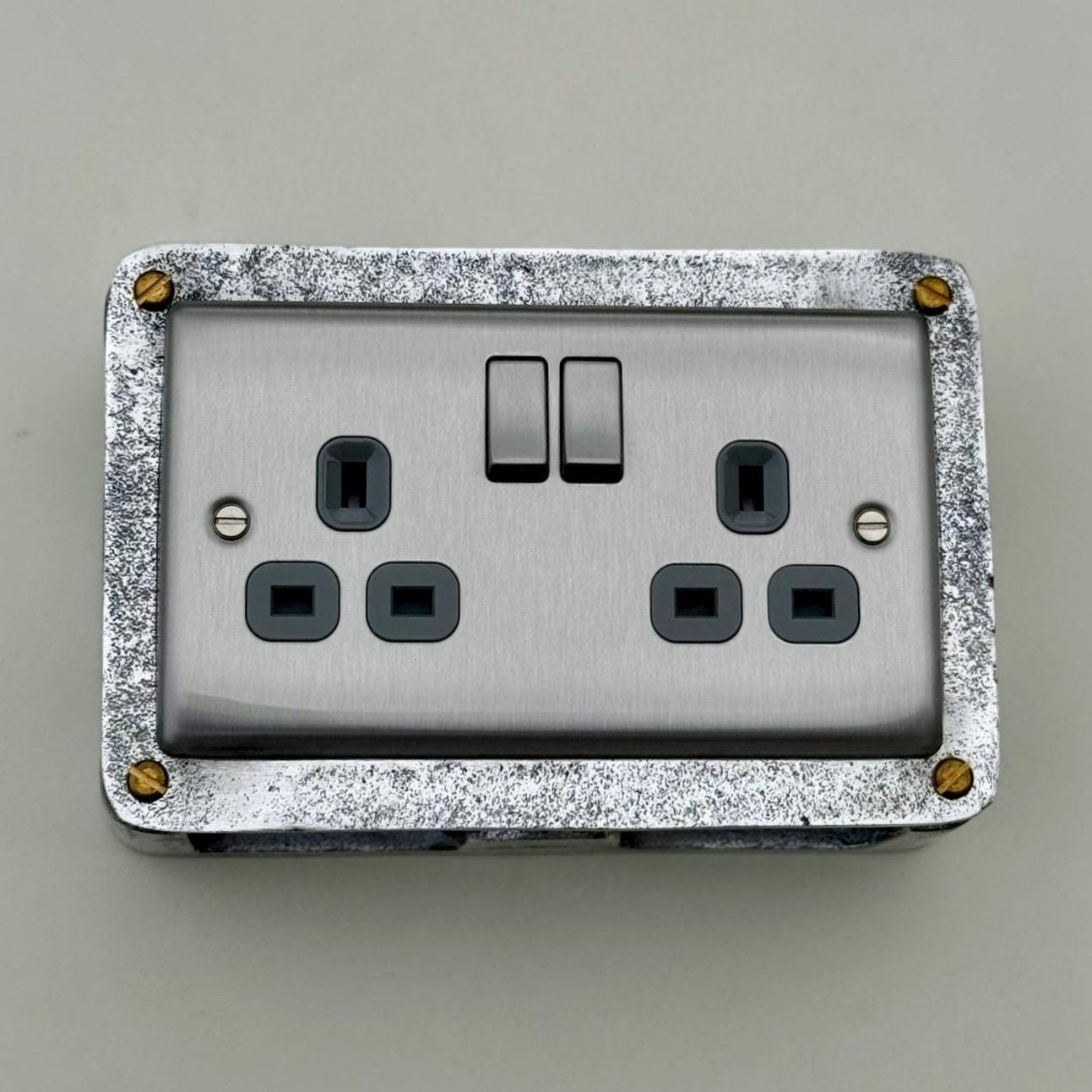 Brushed Steel Double Switched 13A Power Socket Grey Insert 230V 2 Gang 2G Socket Cast Metal Conduit Switch Industrial - BS EN Approved