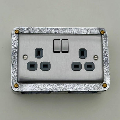 Brushed Steel Double Switched 13A Power Socket Grey Insert 230V 2 Gang 2G Socket Cast Metal Conduit Industrial