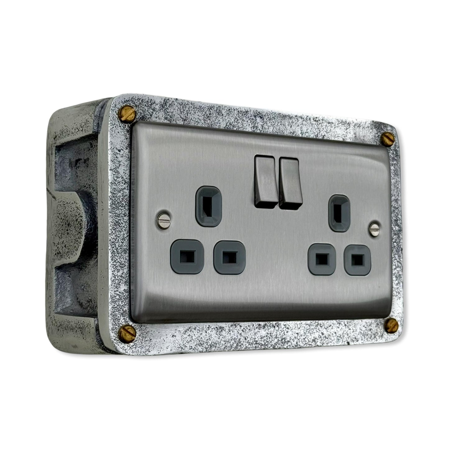 Brushed Steel Double Switched 13A Power Socket Grey Insert 230V 2 Gang 2G Socket Cast Metal Conduit Switch Industrial - BS EN Approved