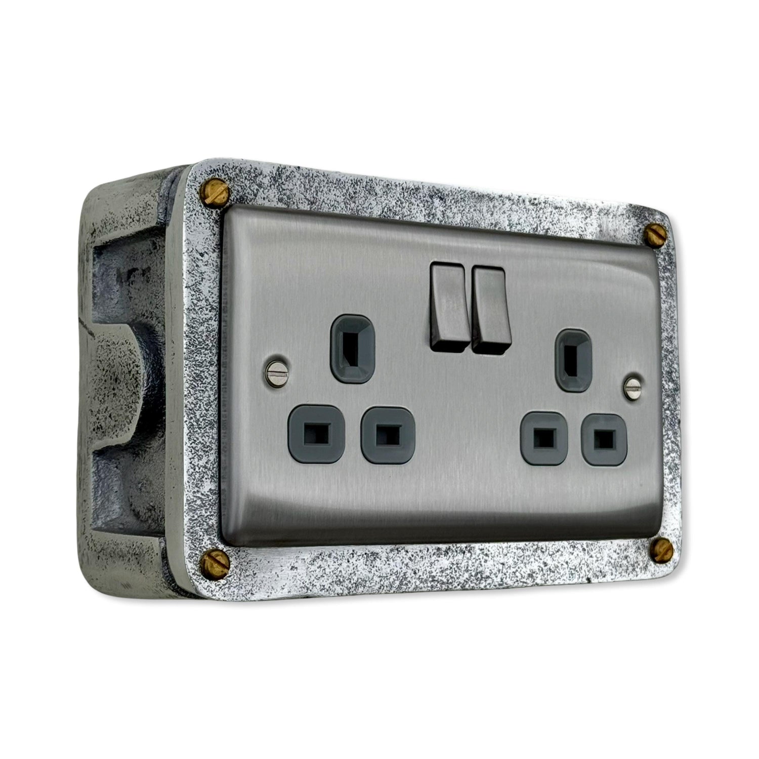 Brushed Steel Double Switched 13A Power Socket Grey Insert 230V 2 Gang 2G Socket Cast Metal Conduit Switch Industrial - BS EN Approved