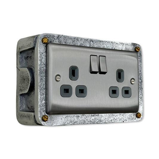 Brushed Steel Double Switched 13A Power Socket Grey Insert 230V 2 Gang 2G Socket Cast Metal Conduit Switch Industrial - BS EN Approved
