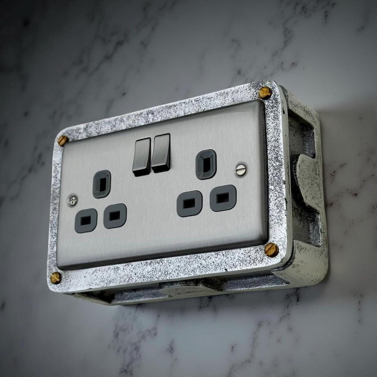 Brushed Steel Double Switched 13A Power Socket Grey Insert 230V 2 Gang 2G Socket Cast Metal Conduit Switch Industrial - BS EN Approved