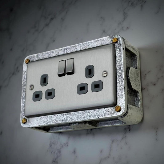 Brushed Steel Double Switched 13A Power Socket Grey Insert 230V 2 Gang 2G Socket Cast Metal Conduit Switch Industrial - BS EN Approved