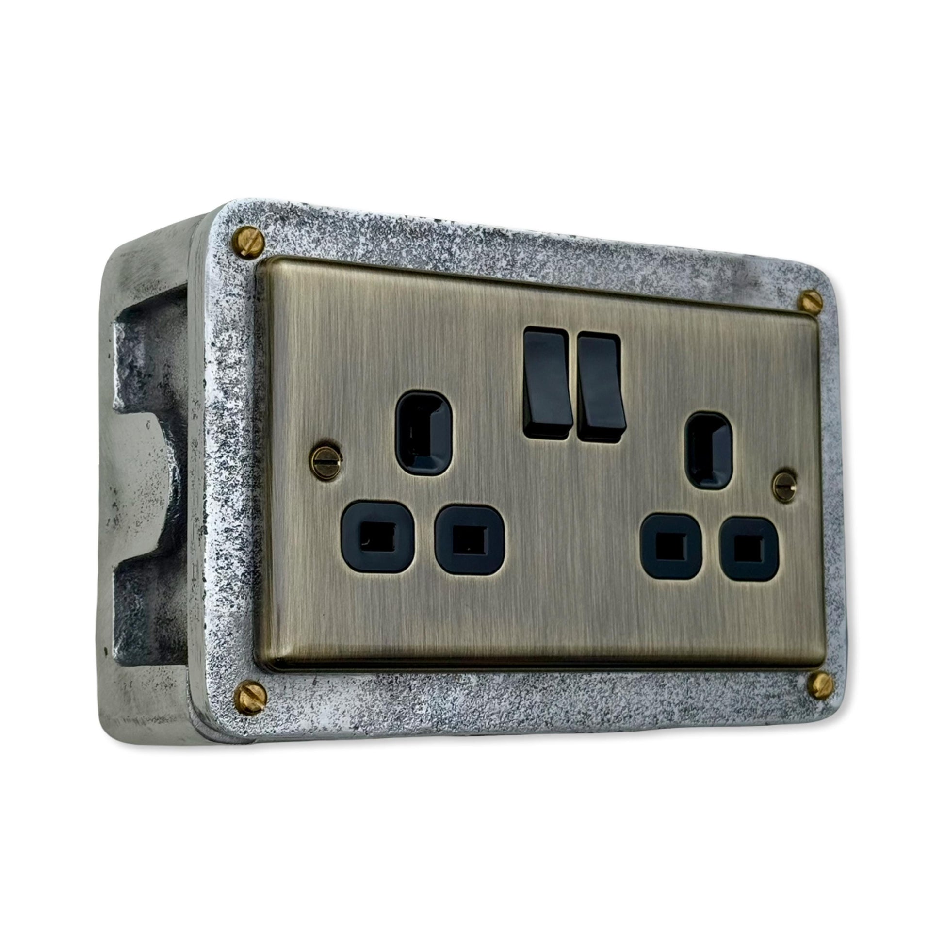 Antique Brass Double Switched 13A Power Socket 230V 13A 2 Gang 2G Solid Cast Metal Conduit Switch Industrial - BS EN Approved
