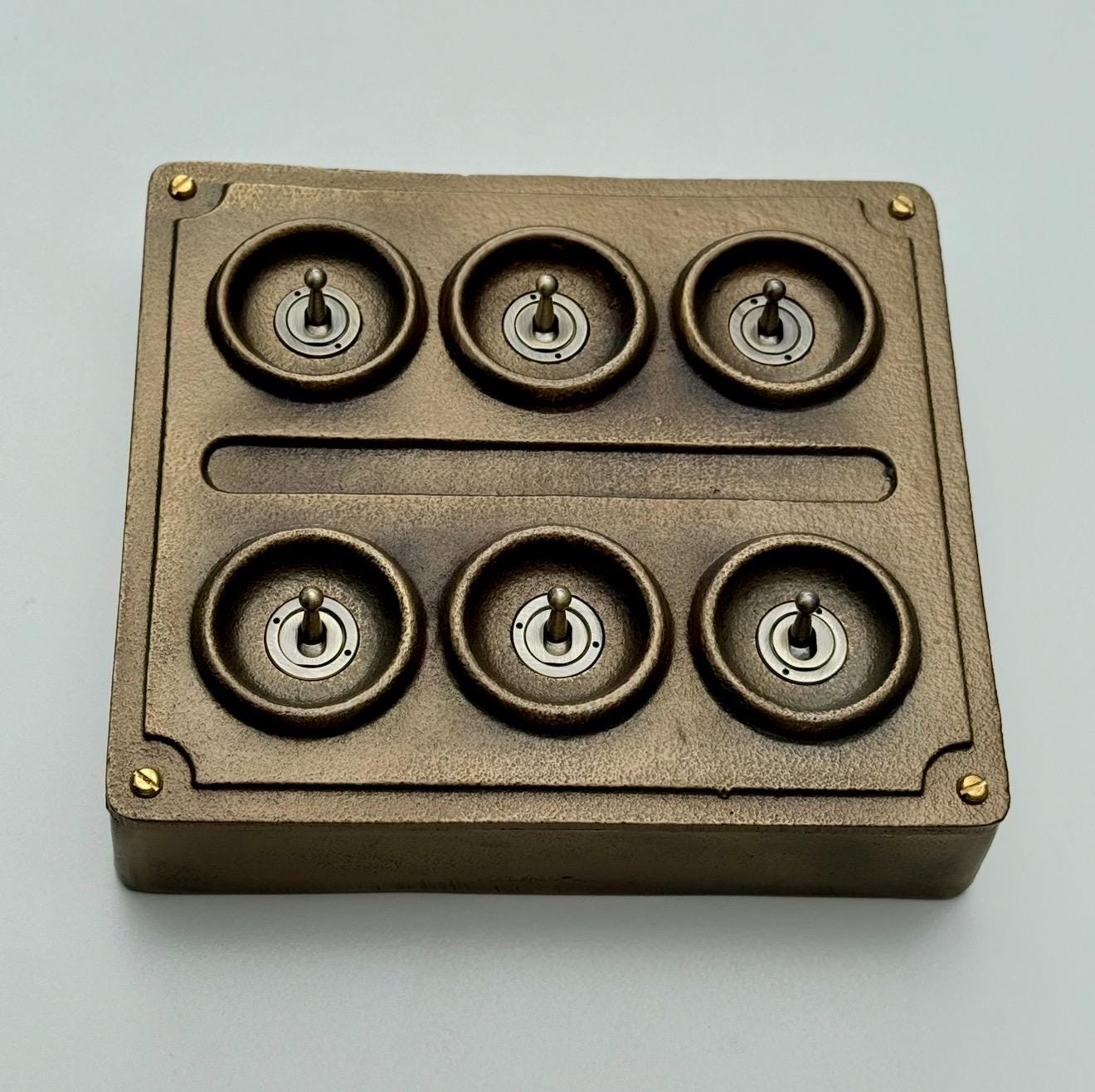6 Gang 2 Way Bronze Solid Cast Metal Conduit Light Switch Industrial - BS EN Vintage Crabtree 1950’s Style