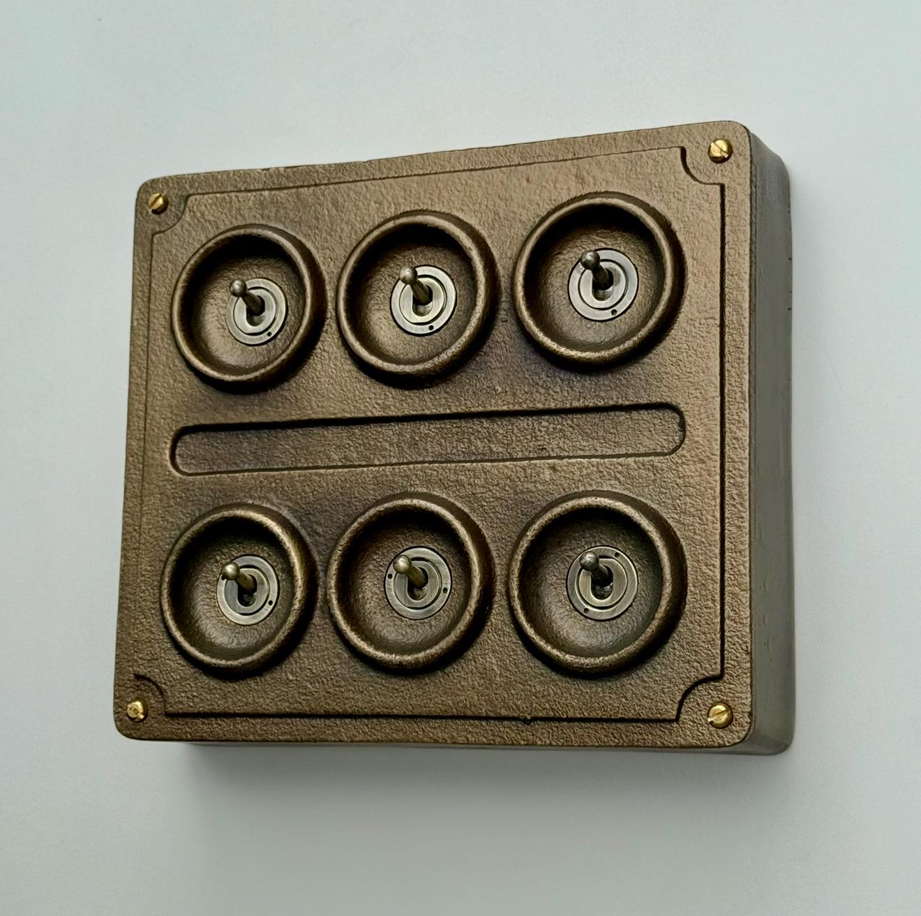 6 Gang 2 Way Bronze Solid Cast Metal Conduit Light Switch Industrial - BS EN Vintage Crabtree 1950’s Style