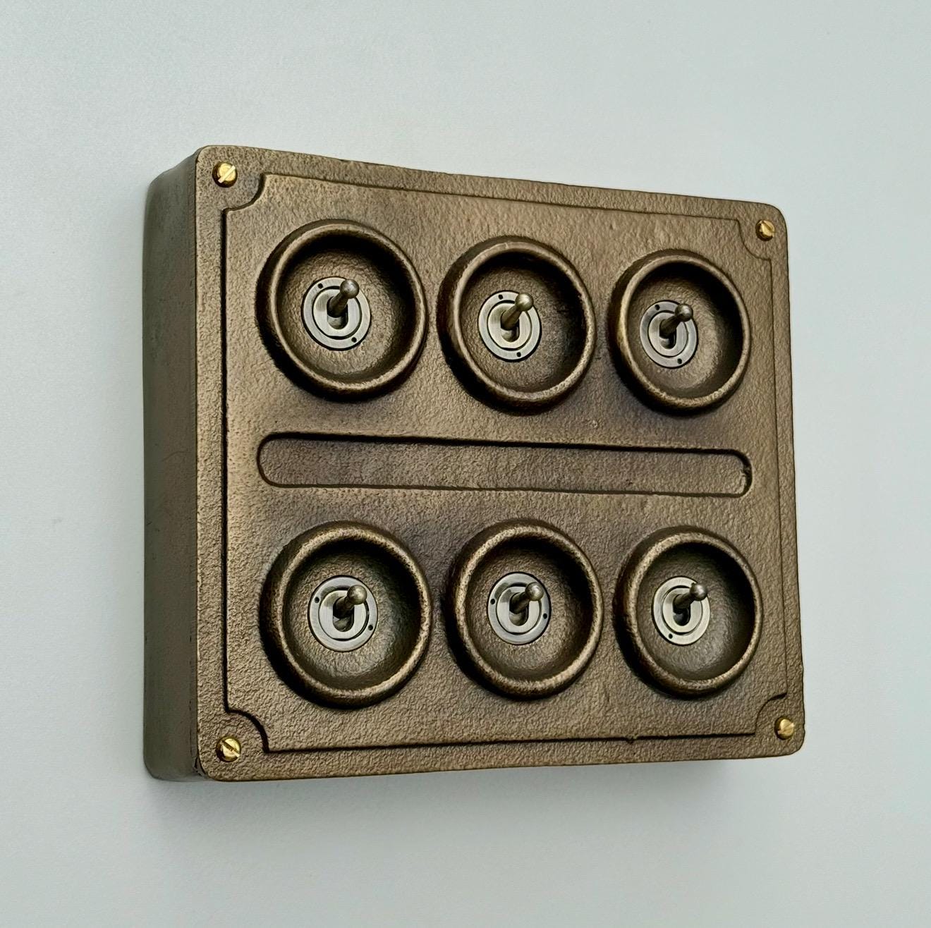 6 Gang 2 Way Bronze Solid Cast Metal Conduit Light Switch Industrial - BS EN Vintage Crabtree 1950’s Style