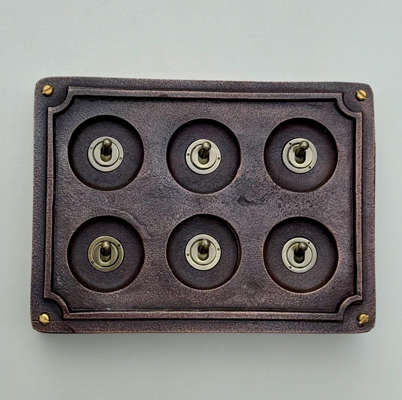 6 Gang 2 Way Antique Copper Solid Cast Metal Conduit Light Switch Industrial - BS EN Vintage Crabtree 1950’s Style