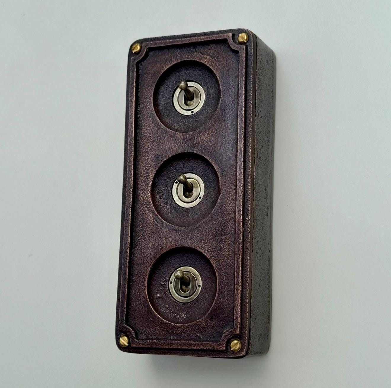 3 Gang Solid Cast Antique Copper Metal Conduit Light Switch Industrial 2 Way - BS EN Approved Vintage Crabtree 1950’s Style