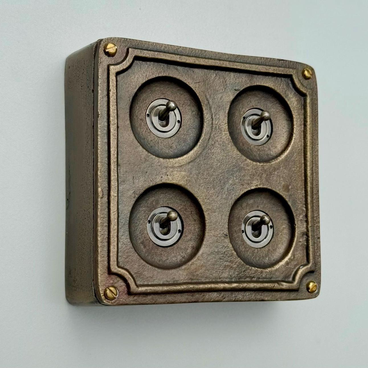4 Gang 2 Way Solid Antique Brass Bronze Metal Surface Mounting Conduit Light Switch Industrial - BS EN Approved Vintage 1950’s Britmac Style