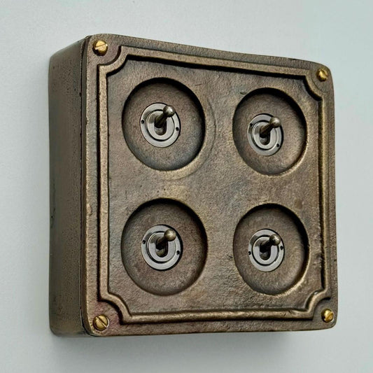 4 Gang 2 Way Solid Antique Brass Bronze Metal Surface Mounting Conduit Light Switch Industrial - BS EN Approved Vintage 1950’s Britmac Style