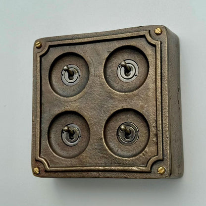 4 Gang 2 Way Solid Antique Brass Bronze Metal Surface Mounting Conduit Light Switch Industrial - BS EN Approved Vintage 1950’s Britmac Style