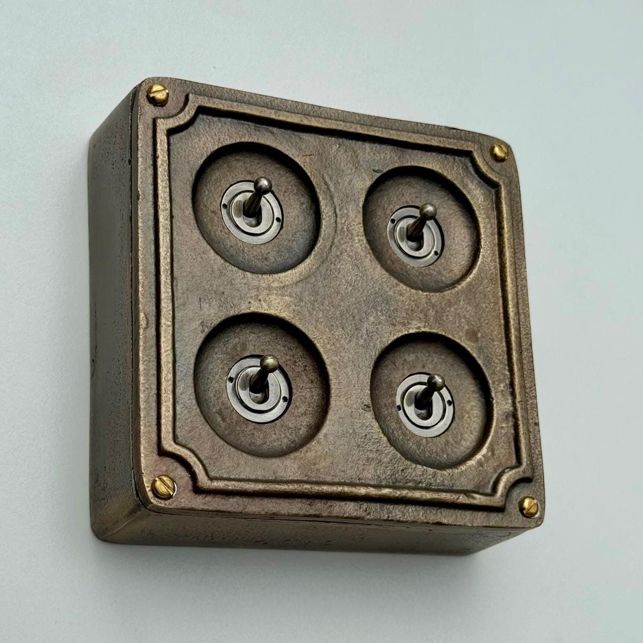 4 Gang 2 Way Solid Antique Brass Bronze Metal Surface Mounting Conduit Light Switch Industrial - BS EN Approved Vintage 1950’s Britmac Style