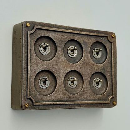 6 Gang 2 Way Bronze Solid Cast Metal Surface Mounting Conduit Light Switch Industrial - BS EN Approved Vintage Britmac Style
