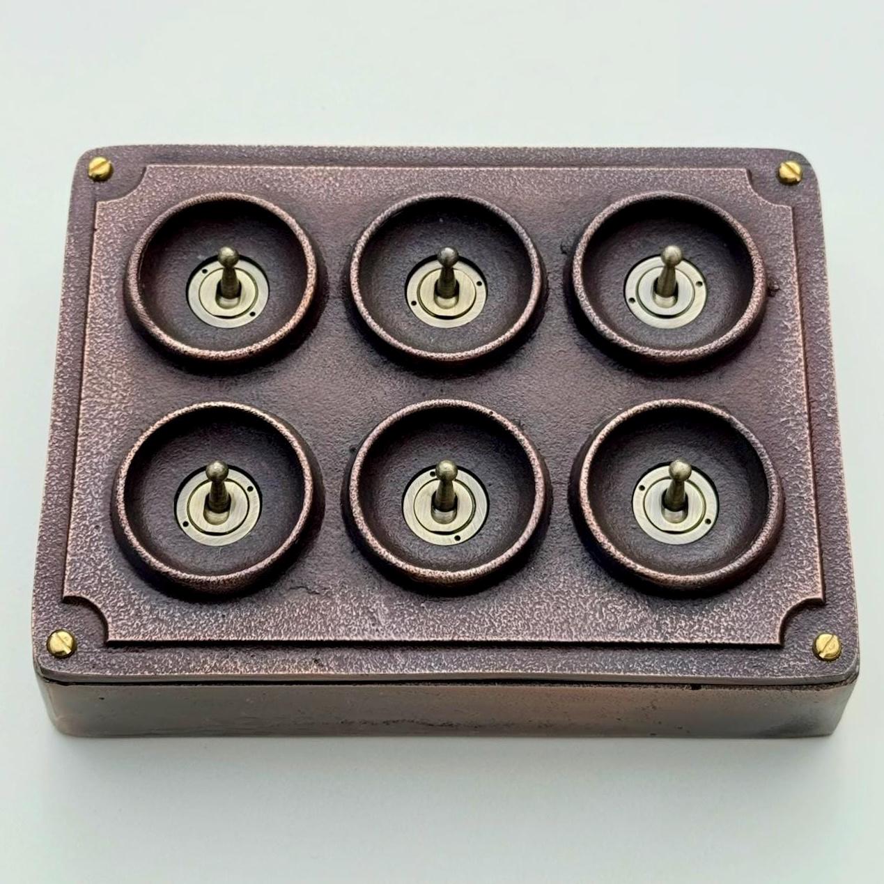6 Gang 2 Way Antique Copper Solid Cast Metal Conduit Light Switch Industrial - BS EN Vintage Crabtree 1950’s Style