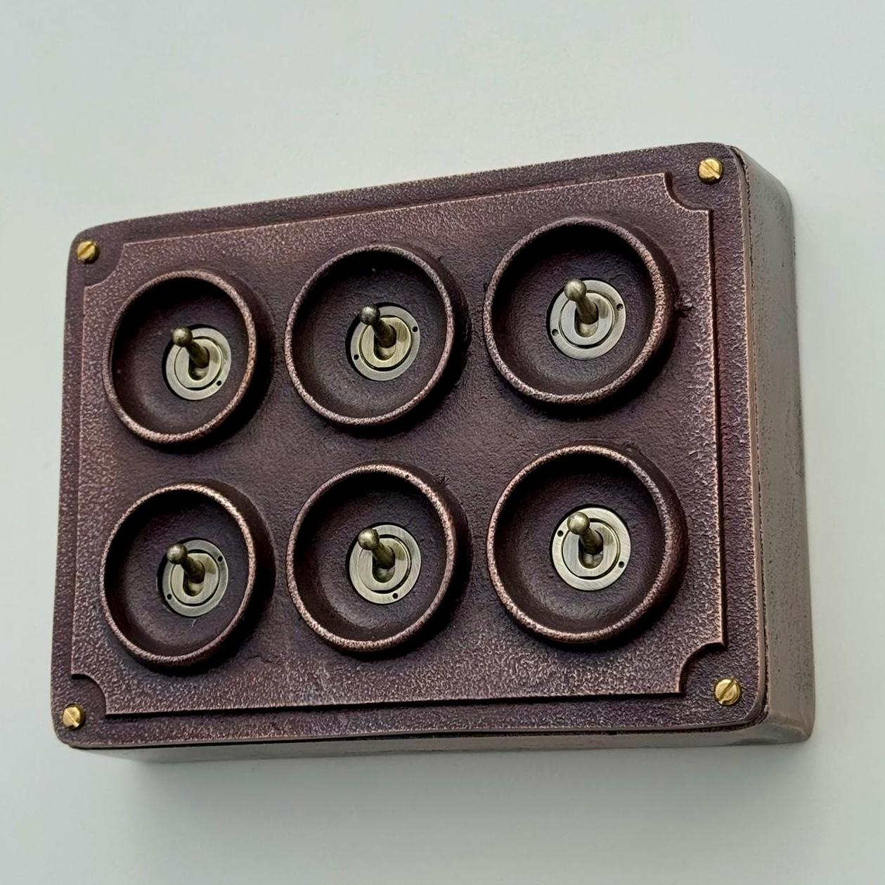 6 Gang 2 Way Antique Copper Solid Cast Metal Conduit Light Switch Industrial - BS EN Vintage Crabtree 1950’s Style