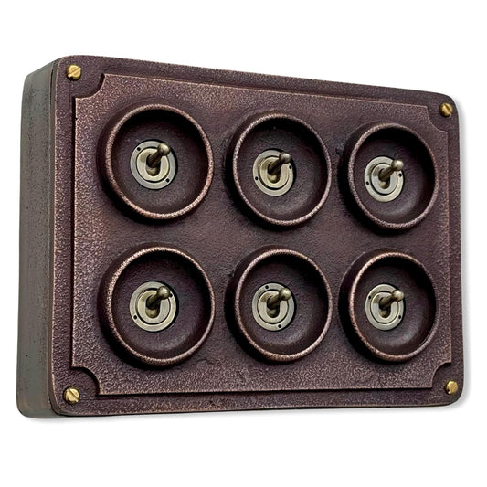 6 Gang 2 Way Antique Copper Solid Cast Metal Conduit Light Switch Industrial - BS EN Vintage Crabtree 1950’s Style
