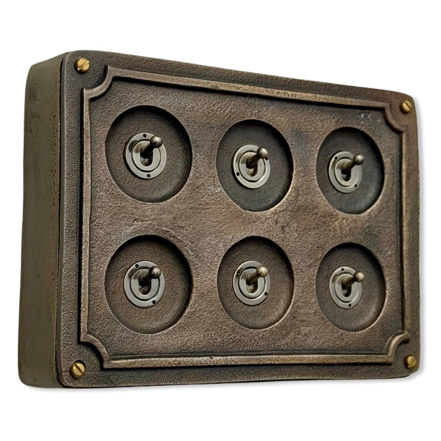 6 Gang 2 Way Bronze Solid Cast Metal Surface Mounting Conduit Light Switch Industrial - BS EN Approved Vintage Britmac Style