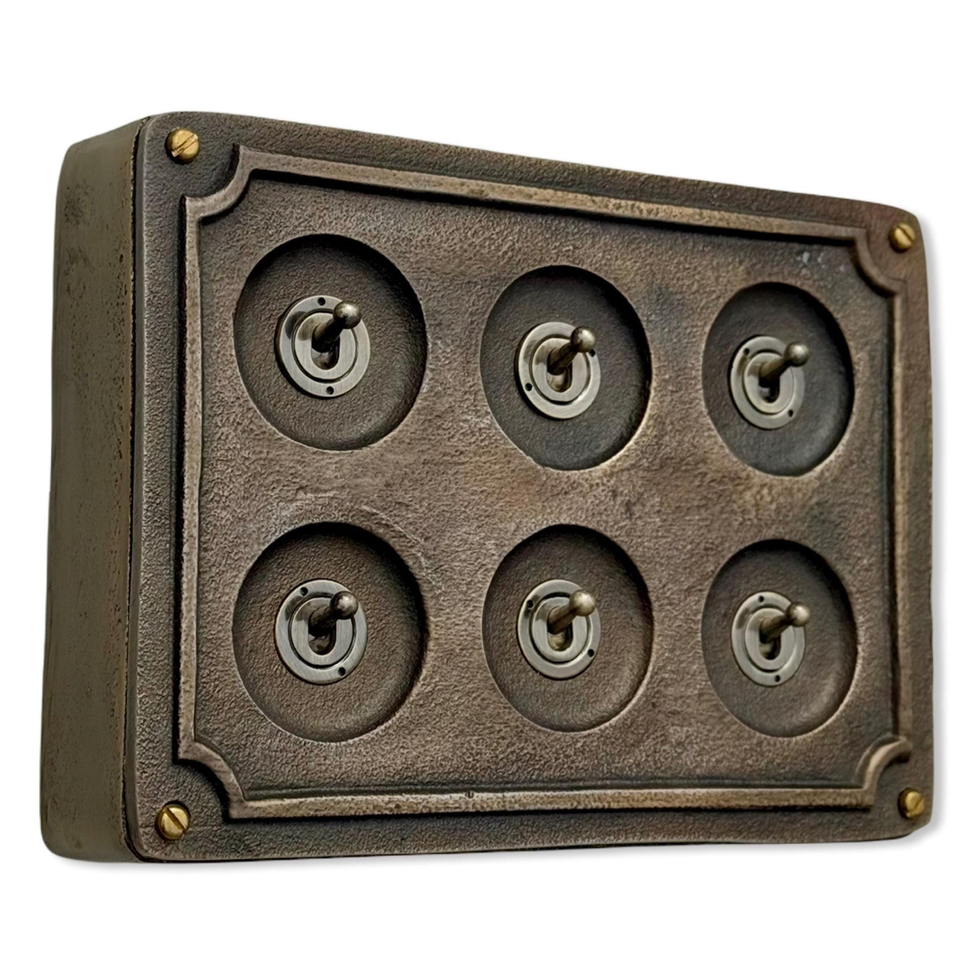 6 Gang 2 Way Bronze Solid Cast Metal Surface Mounting Conduit Light Switch Industrial - BS EN Approved Vintage Britmac Style