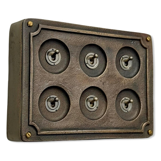6 Gang 2 Way Bronze Solid Cast Metal Surface Mounting Conduit Light Switch Industrial - BS EN Approved Vintage Britmac Style