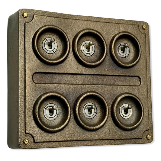 6 Gang 2 Way Bronze Solid Cast Metal Conduit Light Switch Industrial - BS EN Vintage Crabtree 1950’s Style