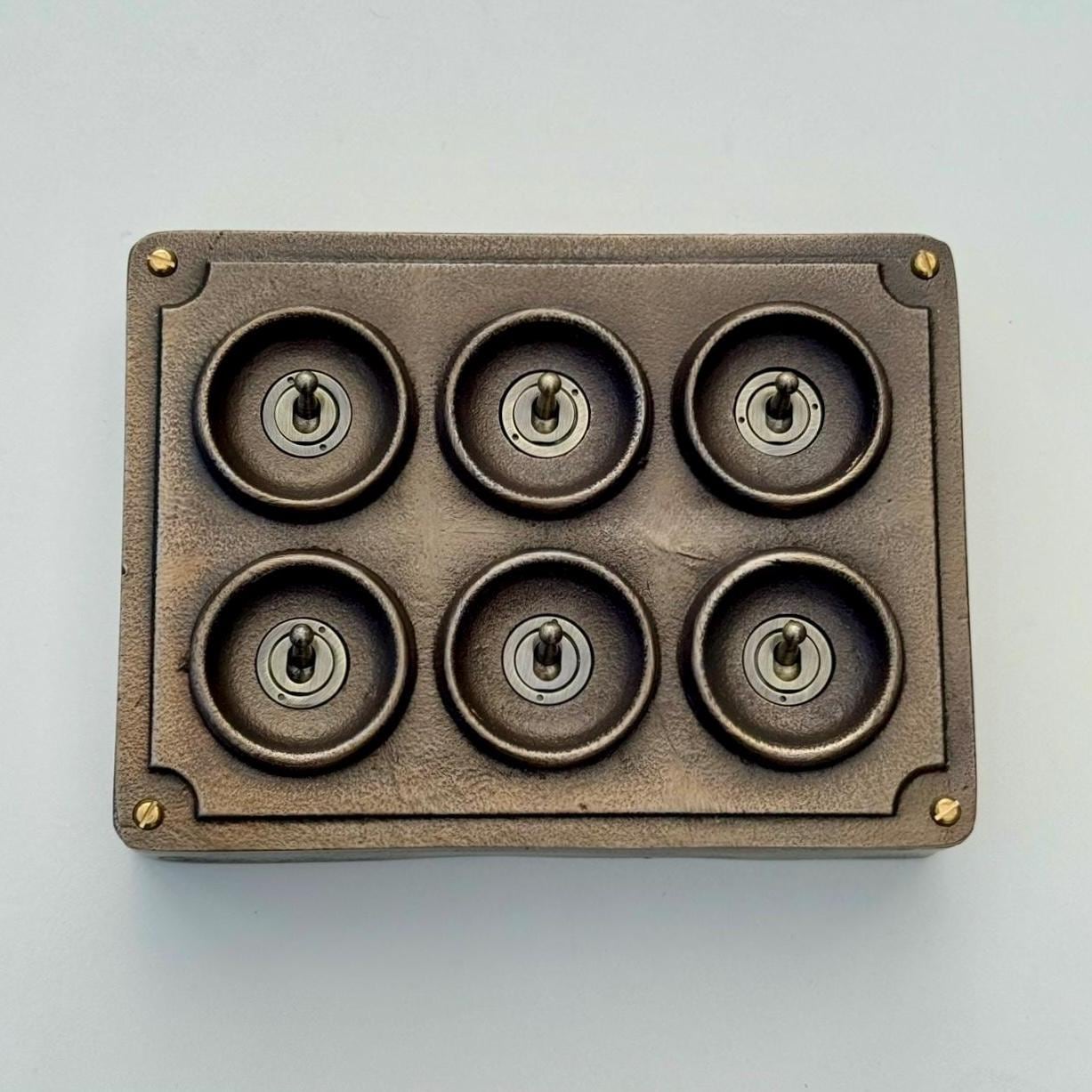 6 Gang 2 Way Antique Brass Solid Cast Metal Conduit Bronze Light Switch - Vintage Crabtree Style