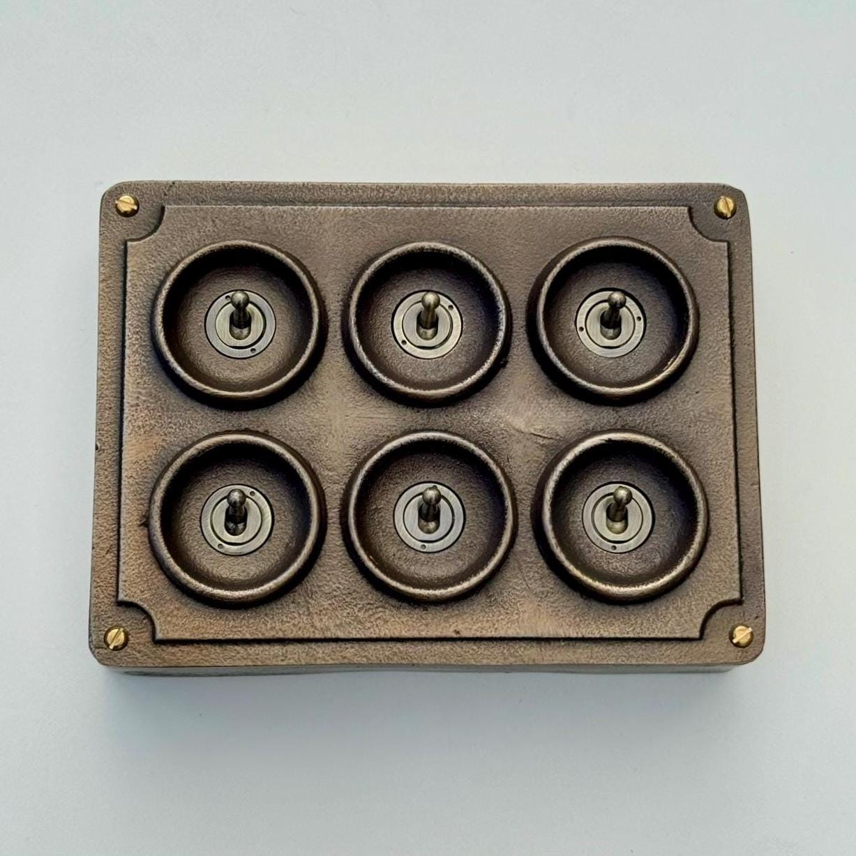 6 Gang 2 Way Antique Brass Solid Cast Metal Conduit Bronze Light Switch - Vintage Crabtree Style