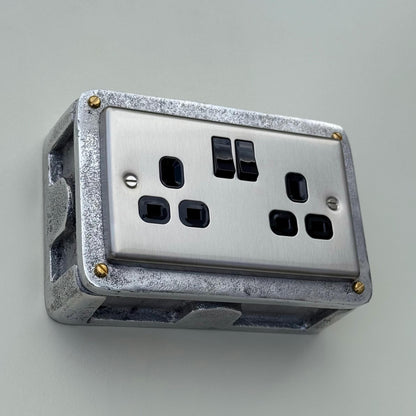 Brushed Steel Double Switched 13A Power Socket 230V 2 Gang 2G Socket Cast Metal Conduit Switch Industrial - BS EN Approved Vintage