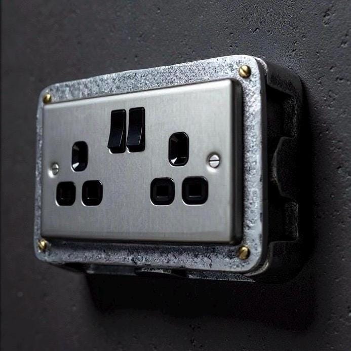 Brushed Steel Double Switched 13A Power Socket 230V 2 Gang 2G Socket Cast Metal Conduit Switch Industrial - BS EN Approved Vintage