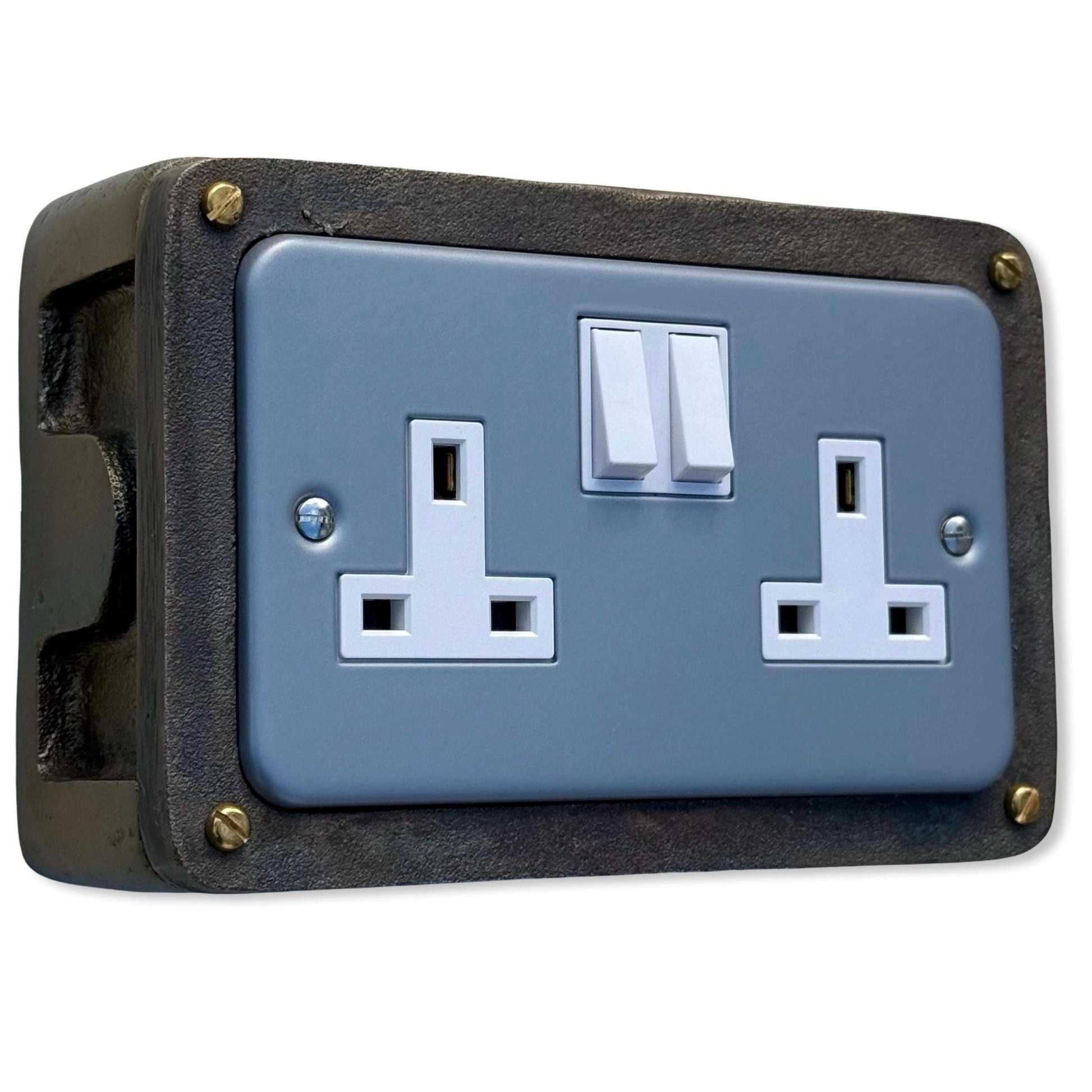 Grey Metal Clad Double Switched 13A Power Socket 230V 2 Gang 2G Socket Antique Brass Conduit Switch Industrial