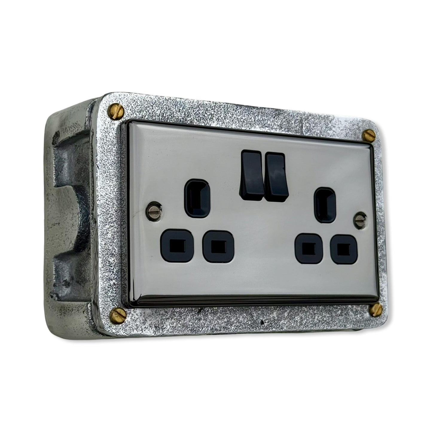 Double Mirror FinishDouble Switched 13A Power Socket 230V 2 Gang 2G Socket Cast Metal Conduit Switch Industrial - BS EN Approved Vintage