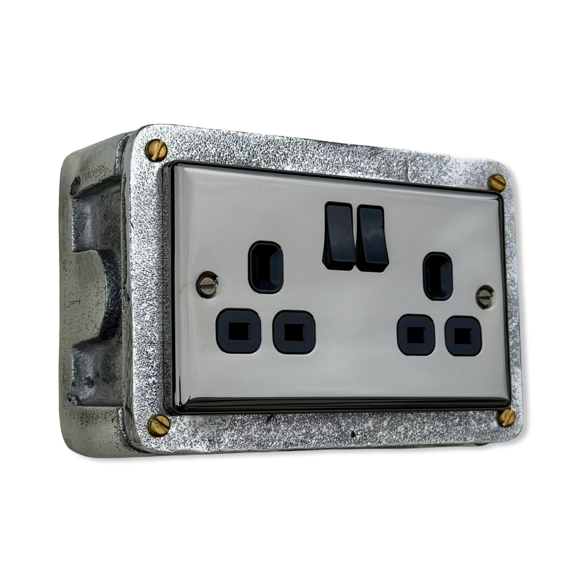 Double Mirror FinishDouble Switched 13A Power Socket 230V 2 Gang 2G Socket Cast Metal Conduit Switch Industrial - BS EN Approved Vintage
