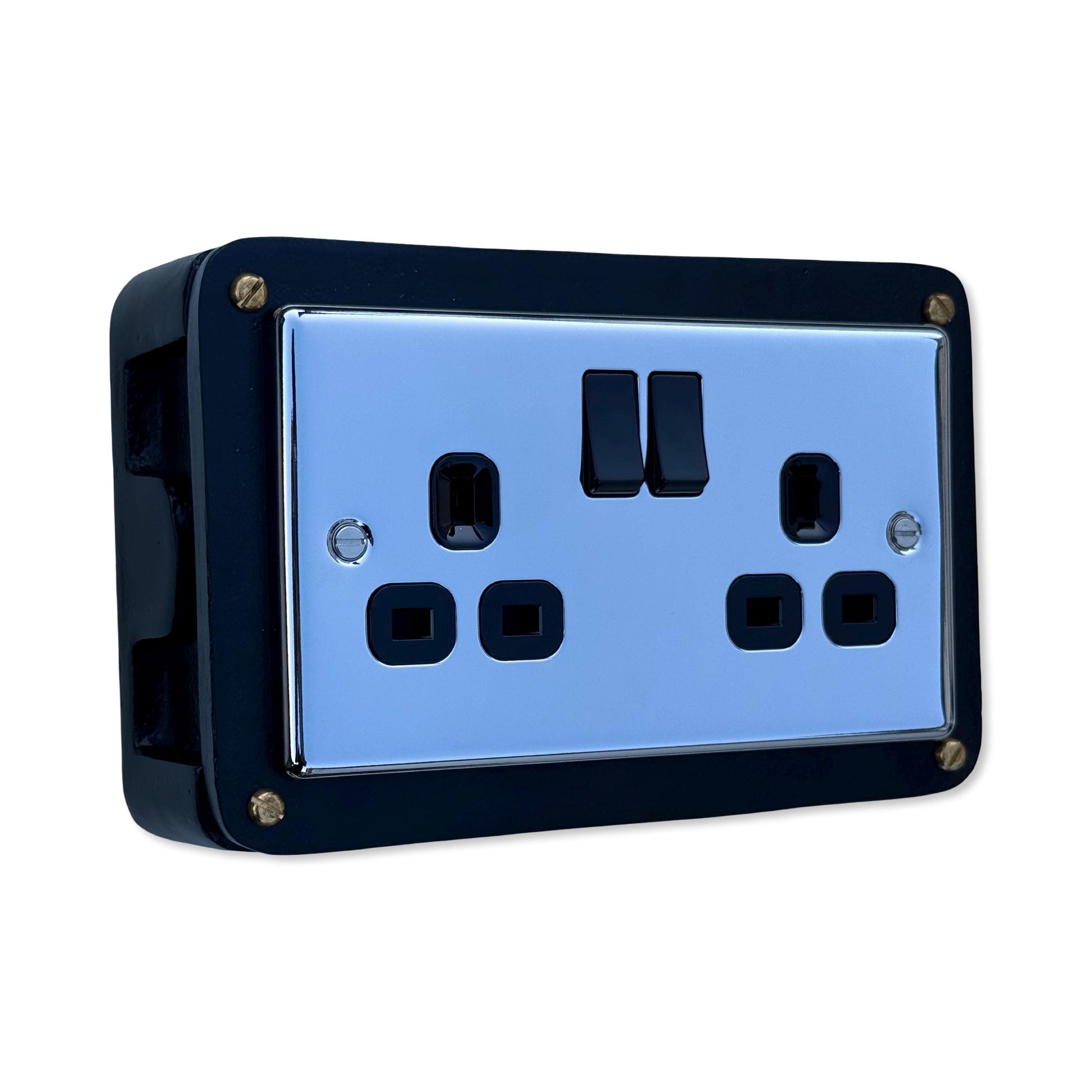 Black Double Switched Mirror Finish Power Socket 230V 2 Gang Solid Cast Metal Conduit Switch