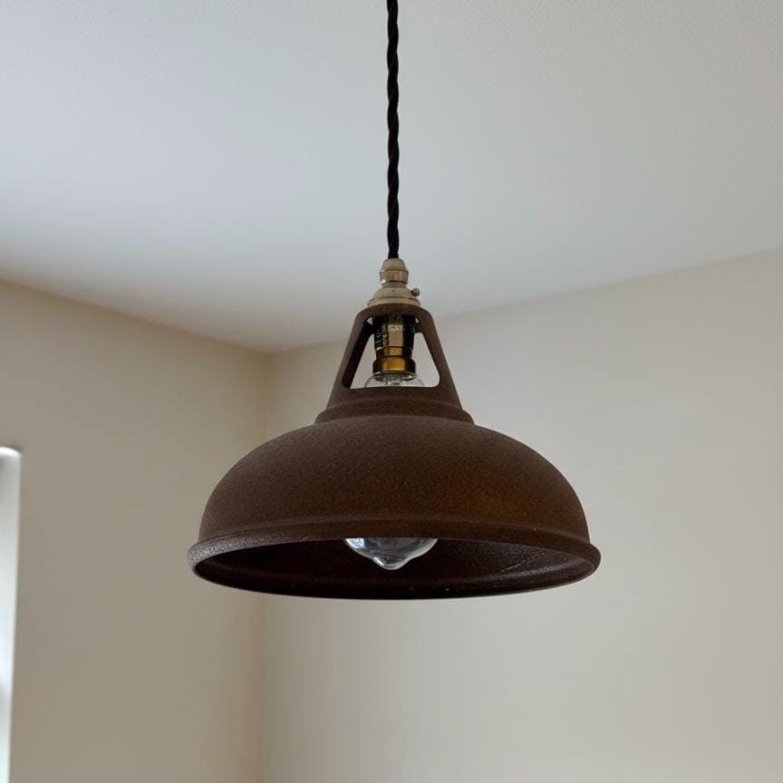 Cawston Small - Rusted Solid Steel Slotted Lampshade Pendant Set Light - 9 Inch