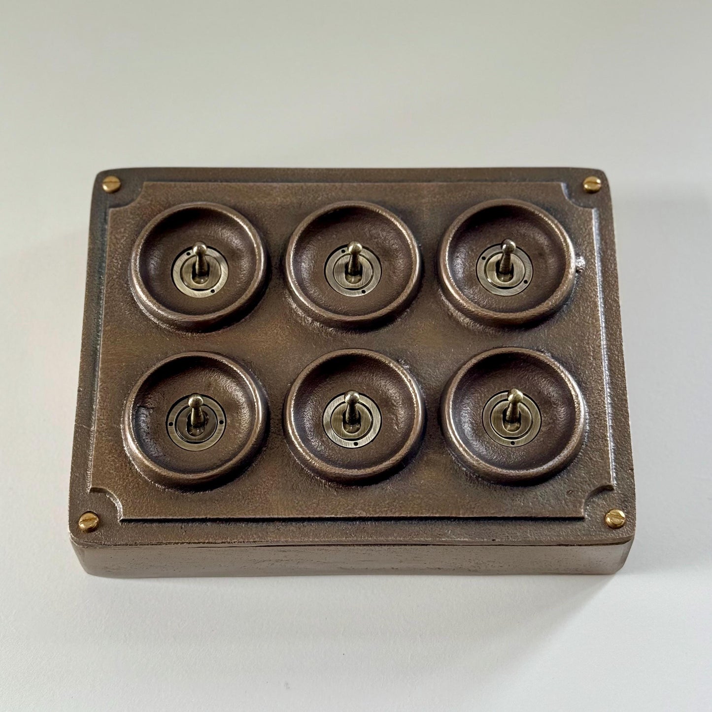 6 Gang 2 Way Antique Brass Solid Cast Metal Conduit Bronze Light Switch - Vintage Crabtree Style