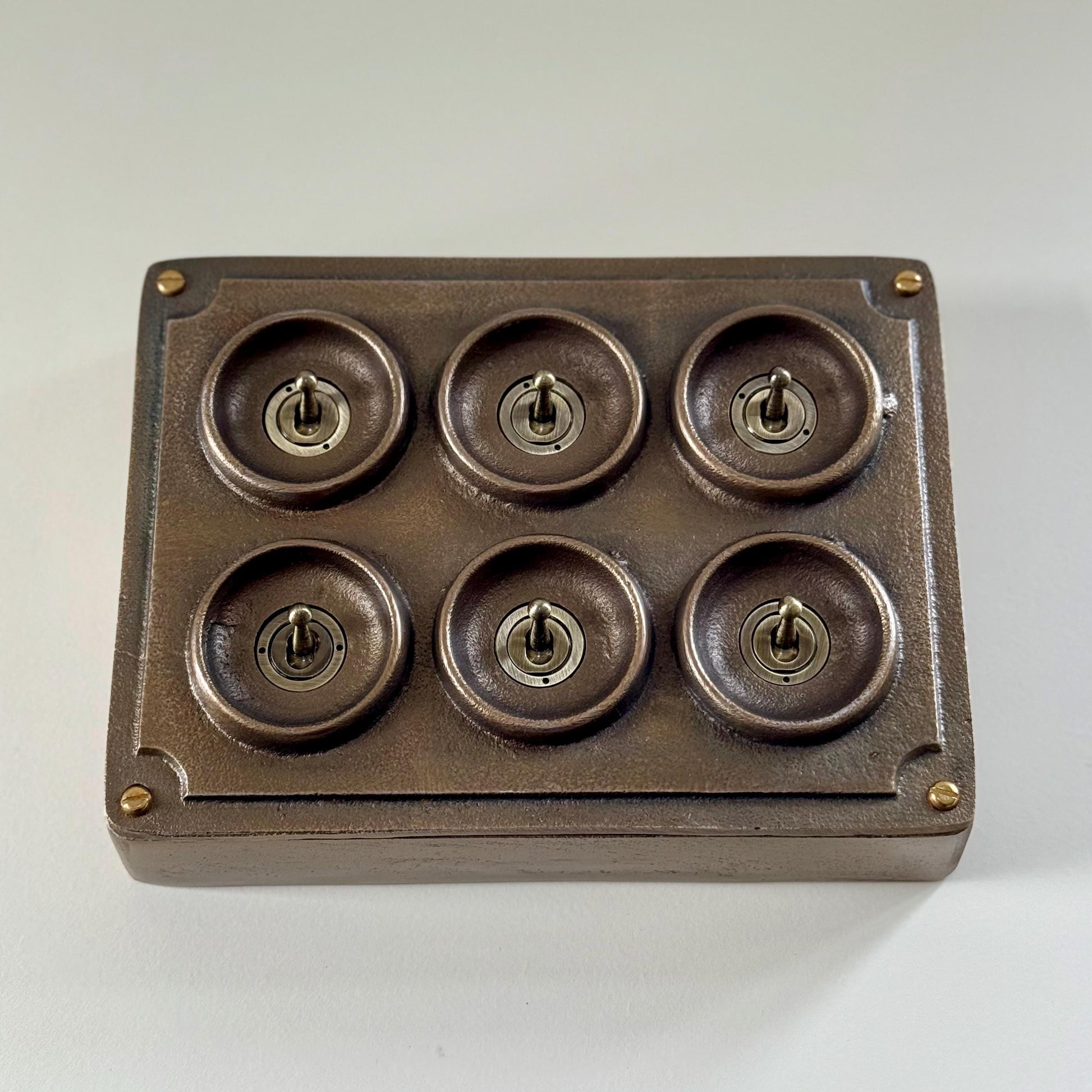 6 Gang 2 Way Antique Brass Solid Cast Metal Conduit Bronze Light Switch - Vintage Crabtree Style