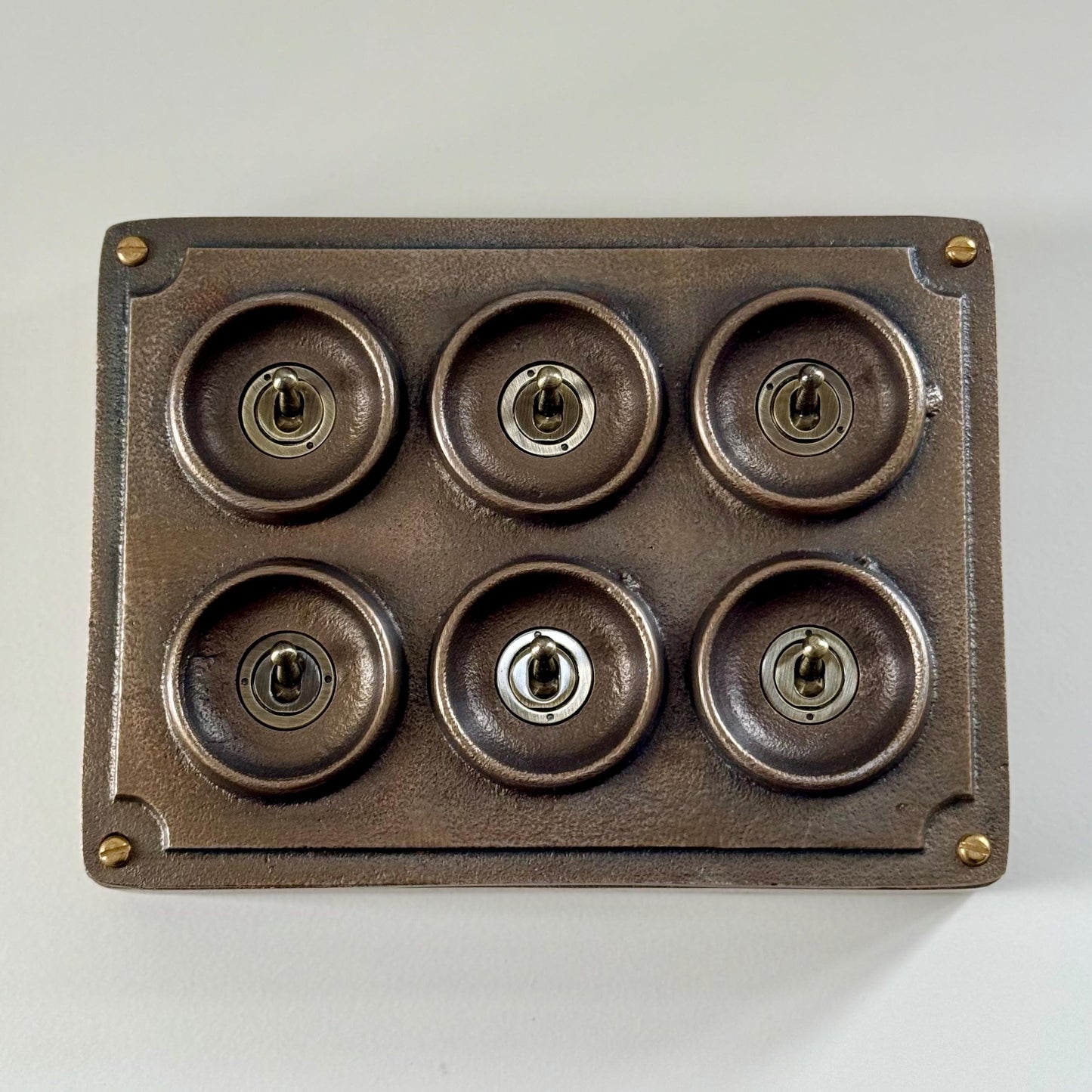 6 Gang 2 Way Antique Brass Solid Cast Metal Conduit Bronze Light Switch - Vintage Crabtree Style