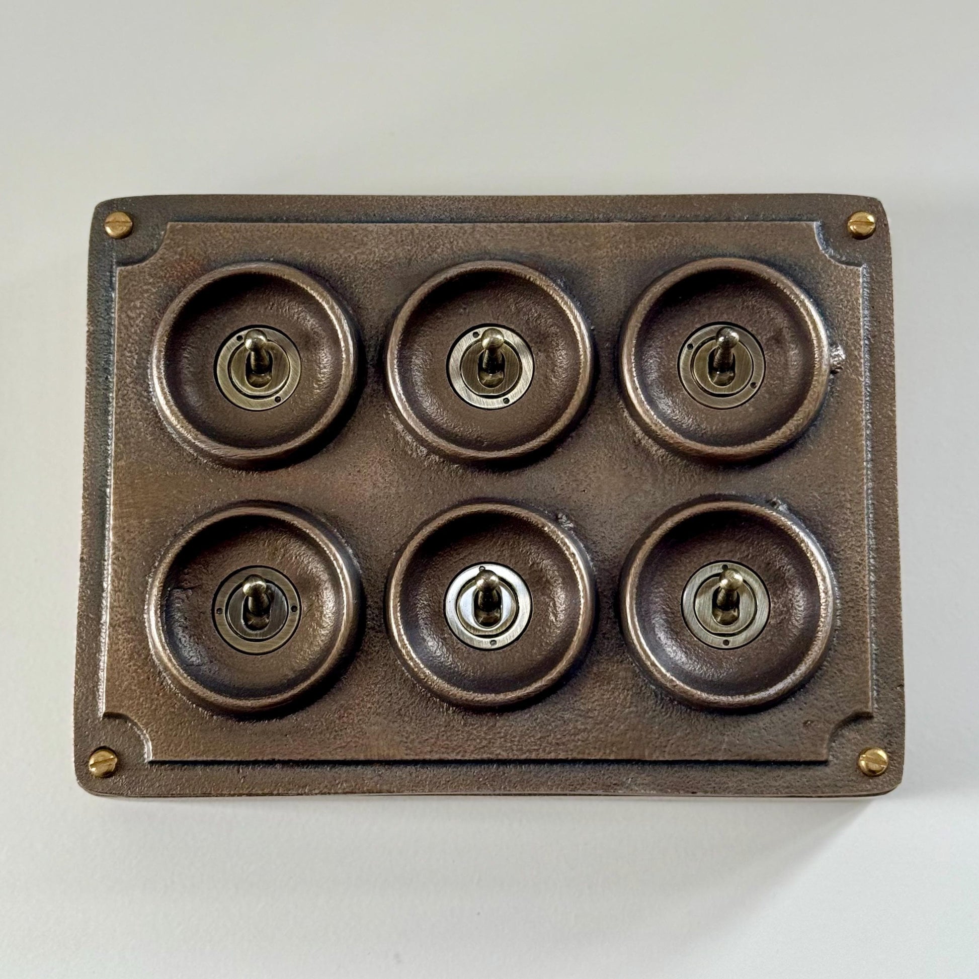6 Gang 2 Way Antique Brass Solid Cast Metal Conduit Bronze Light Switch - Vintage Crabtree Style