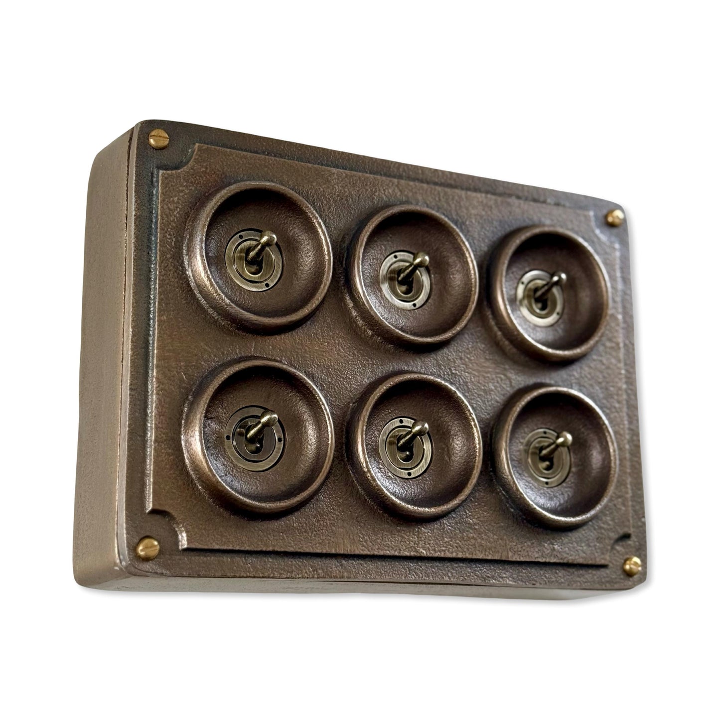6 Gang 2 Way Antique Brass Solid Cast Metal Conduit Bronze Light Switch - Vintage Crabtree Style