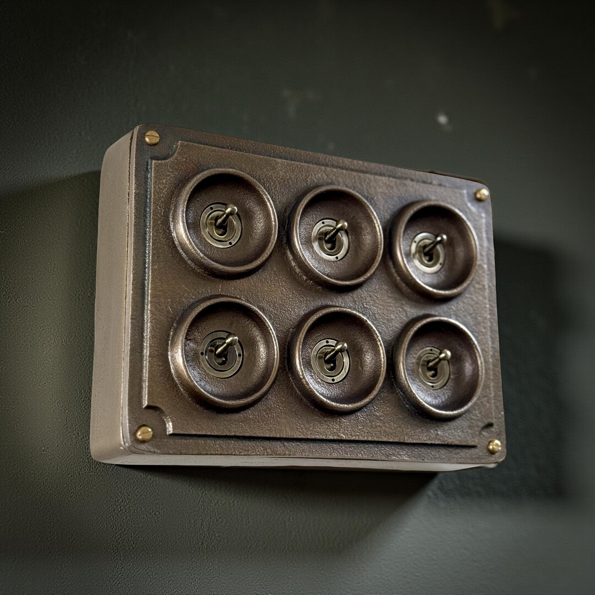 6 Gang 2 Way Antique Brass Solid Cast Metal Conduit Bronze Light Switch - Vintage Crabtree Style