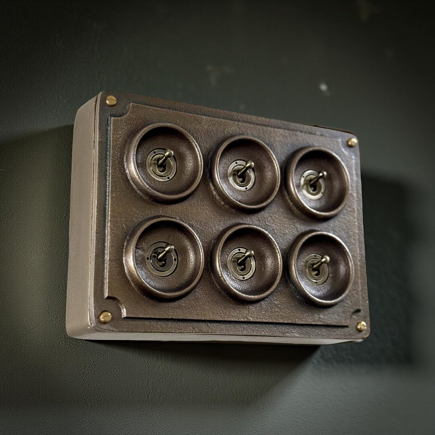 6 Gang 2 Way Antique Brass Solid Cast Metal Conduit Bronze Light Switch - Vintage Crabtree Style
