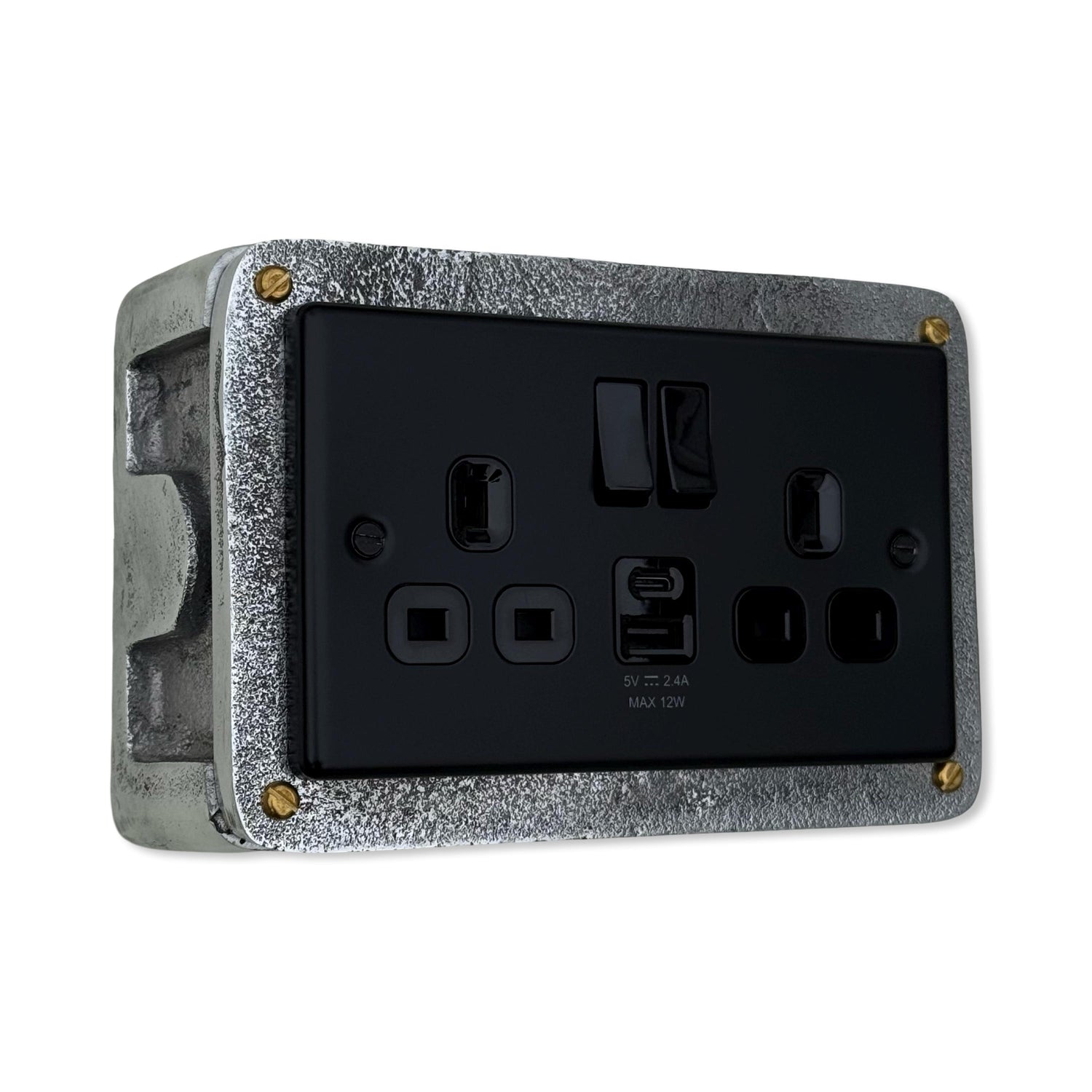 Matt Black Double Switched Solid Cast Metal Conduit 2-Gang Socket + 2 Outlet Type A & C USB Charger