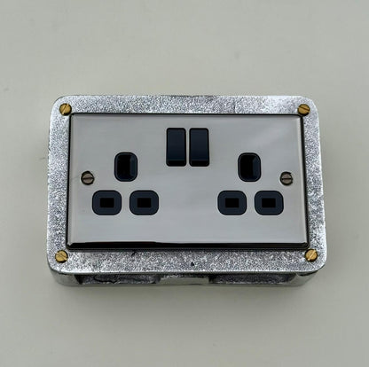 Double Mirror FinishDouble Switched 13A Power Socket 230V 2 Gang 2G Socket Cast Metal Conduit Switch Industrial - BS EN Approved Vintage