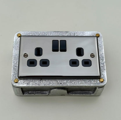 Double Mirror FinishDouble Switched 13A Power Socket 230V 2 Gang 2G Socket Cast Metal Conduit Switch Industrial - BS EN Approved Vintage