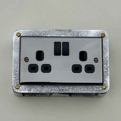 Double Mirror FinishDouble Switched 13A Power Socket 230V 2 Gang 2G Socket Cast Metal Conduit Switch Industrial - BS EN Approved Vintage
