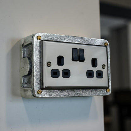 Double Mirror FinishDouble Switched 13A Power Socket 230V 2 Gang 2G Socket Cast Metal Conduit Switch Industrial - BS EN Approved Vintage