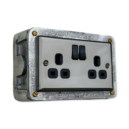 Black Nickel Double Switched 13A Power Socket 230V 13A 2 Gang 2G Solid Cast Metal Conduit Switch Industrial - BS EN Approved