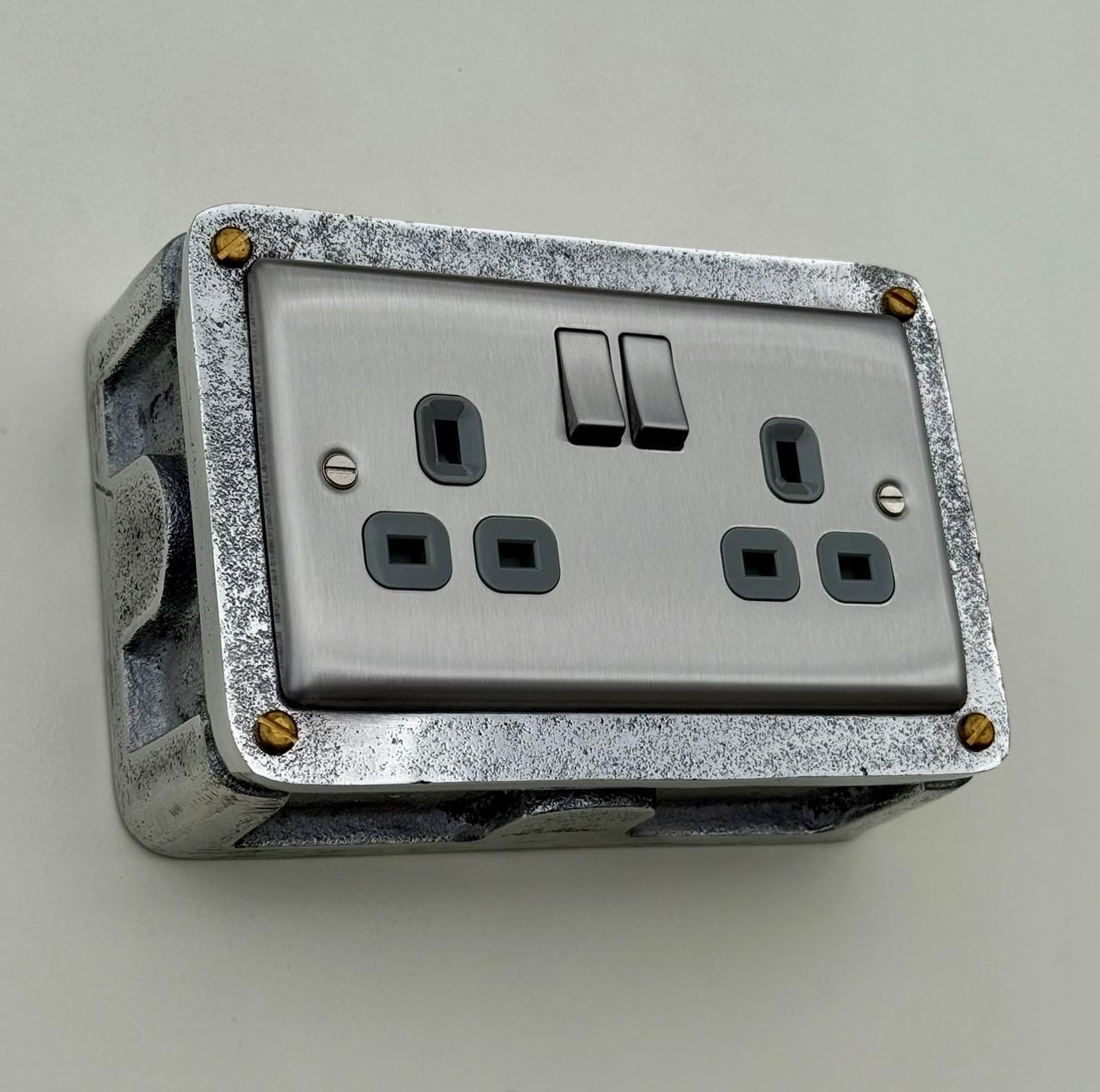 Brushed Steel Double Switched 13A Power Socket Grey Insert 230V 2 Gang 2G Socket Cast Metal Conduit Switch Industrial - BS EN Approved