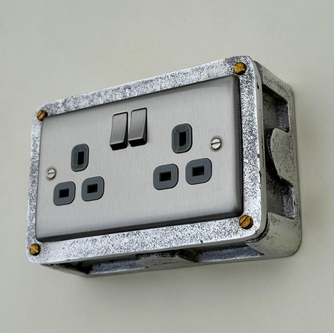 Brushed Steel Double Switched 13A Power Socket Grey Insert 230V 2 Gang 2G Socket Cast Metal Conduit Switch Industrial - BS EN Approved